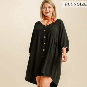 Umgee Black Linen Mid-Sleeve Dress 1X